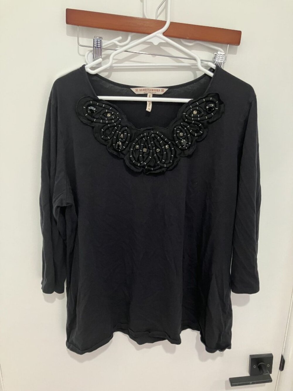 Rebecca Moses Black 3/4 Sleeve Top Ornate Scalloped Jeweled Neck Blouse 1X
